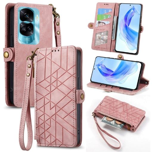 Pink Geometric Zipper Wallet Leather Phone Case - For Honor 90 Lite / X50i - 1