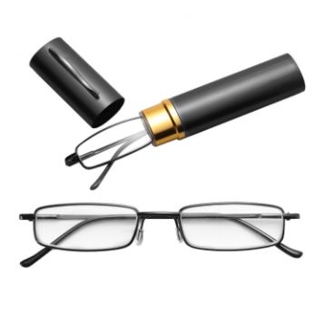 Picture of Reading Glasses Metal Spring Foot Portable Presbyopic Glasses with Tube Case +1.50D (Black)