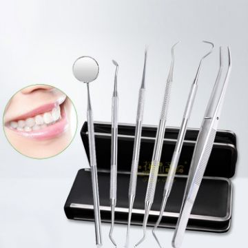 Picture of 6 in 1 Dental Tool Set (Stainless Steel Probe + Hoe-shaped Dentist + Sickle Dentist + Tooth Stain Rejection Device + Dental Tweezers + Mouth Mirror)