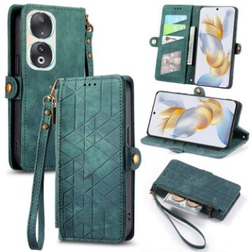 Green Geometric Zipper Wallet Leather Phone Case - For Honor 90 - 1