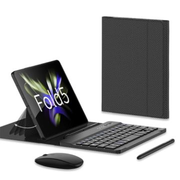 Picture of For Samsung Galaxy Z Fold5 GKK Gear Adjustment Bluetooth Keyboard Leather Case with Pen + Keyboard + Mouse + Case (Carbon Fibre)