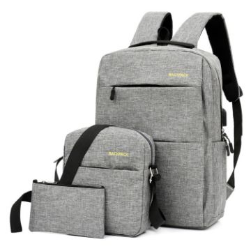 Picture of Three PCS/Sets USB Charging Outdoor Travel Backpack Student School Bag (Gray)