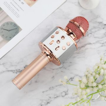 Picture of WS-858L LED Light Flashing Wireless Capacitance Microphone Comes With Audio Mobile Phone Bluetoon Live Microphone (Rose Gold)