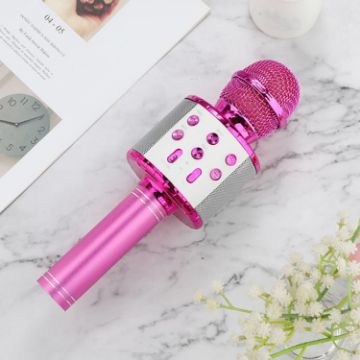Picture of WS-858L LED Light Flashing Wireless Capacitance Microphone Comes With Audio Mobile Phone Bluetoon Live Microphone (Pink)