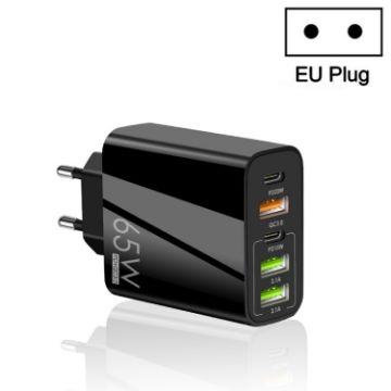 Picture of 65W Dual PD Type-C + 3 x USB Multi Port Charger for Phone and Tablet PC, EU Plug (Black)