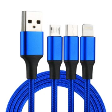 Picture of 2A 1.2m 3 in 1 USB to 8 Pin & USB-C / Type-C & Micro USB Nylon Weave Charging Cable (Blue)