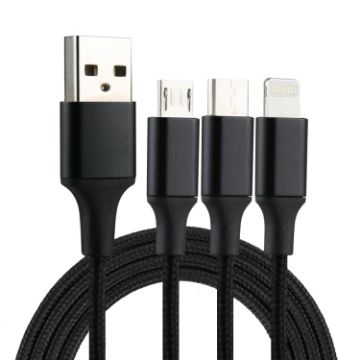 Picture of 2A 1.2m 3 in 1 USB to 8 Pin & USB-C / Type-C & Micro USB Nylon Weave Charging Cable (Black)