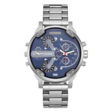 Picture of CAGARNY 6820 Dual Time Zone Quartz Wrist Watch - Stainless Steel Band - Calendar - Men's Fashion (Silver Band Blue Window)