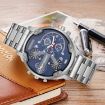 Picture of CAGARNY 6820 Dual Time Zone Quartz Wrist Watch - Stainless Steel Band - Calendar - Men's Fashion (Silver Band Blue Window)