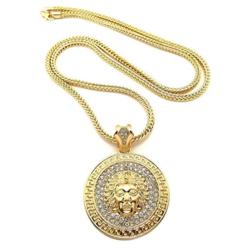 Picture of Hip Hop Round Medusa Head Zircon Rhinestone Pendant Clavicle Chain Necklace for Men, Chain Length: 90cm (Gold)