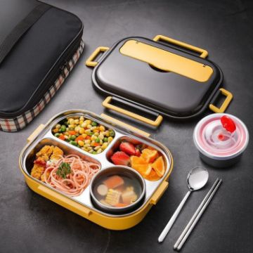 Picture of 304 Stainless Steel Double-Layer Large-Capacity Portable Lunch Box, Color: Lemon Yellow (Medium 4 Grid)