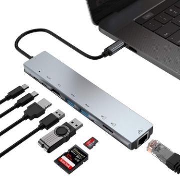 Picture of WC7367 8 in 1 87W Type-C to PD+USB3.0/USB2.0+SD+TF+HDMI+RJ45+Type-c Docking Station HUB