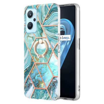 Picture of For OPPO Realme 9i / A36 / A96 4G Splicing Marble Pattern Dual-side IMD TPU Ring Holder Case (Blue)