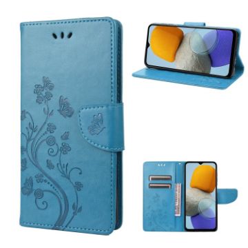 Samsung Galaxy M23 5G Butterfly Flower Pattern Flip Leather Phone Case Blue - 1