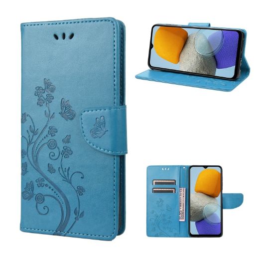 Samsung Galaxy M23 5G Butterfly Flower Pattern Flip Leather Phone Case Blue - 1