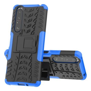 Sony Xperia 1 III Tire Texture Shockproof Case with Holder - Blue - 1