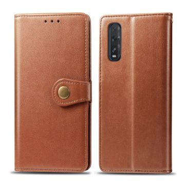 Picture of For OPPO Find X2 Retro Solid Color Leather Buckle Phone Case with Lanyard & Photo Frame & Card Slot & Wallet & Stand Function (Brown)
