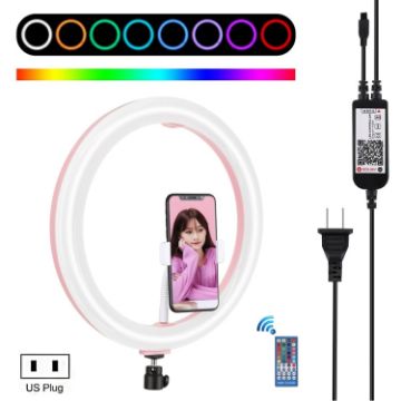 Picture of PULUZ 11.8 inch 30cm RGB Dimmable LED Ring Vlogging Selfie Photography Video Lights with Cold Shoe Tripod Ball Head & Phone Clamp (Pink) (US Plug)