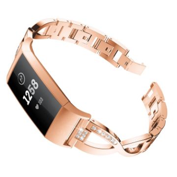 Picture of X-shaped Diamond-studded Metal Steel Watch Band for Fitbit Charge 3 (Rose Gold)