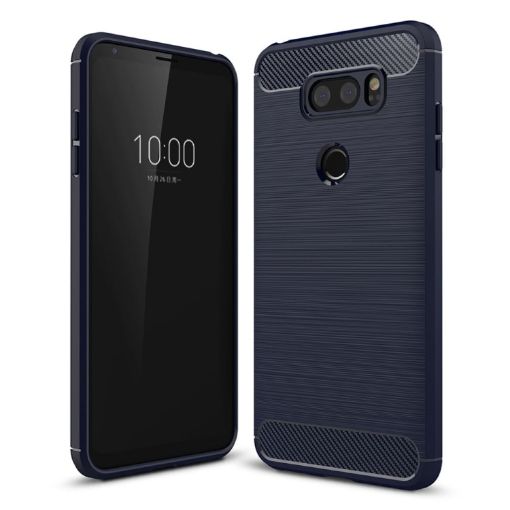 LG V30 Carbon Fiber Shockproof TPU Rugged Armor Case - Navy - 1