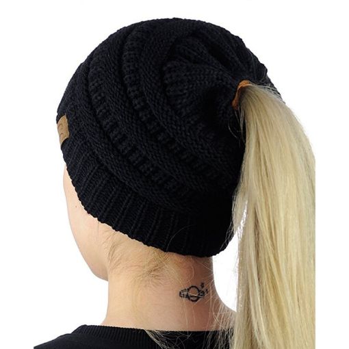 Picture of CC Letter Ponytail Cap Knitting Hat for Ladies (Black)