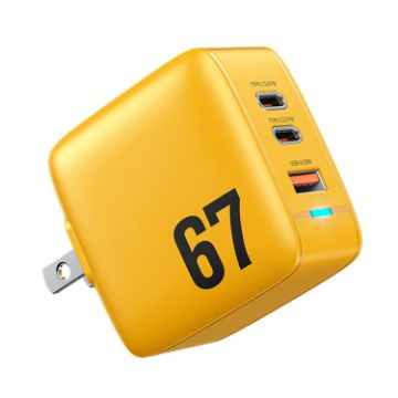 WK WP-U141 67W USB+Double USB-C/Type-C GaN Charger, US Plug Yellow - 1