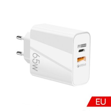 65W USB-C/Type-C+USB Dual Port GaN Charger EU Plug White - 1