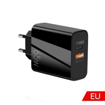 65W USB-C/Type-C+USB Dual Port GaN Charger EU Plug Black - 1