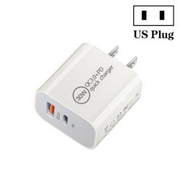 PD30W USB-C/Type-C + QC3.0 USB Dual Port Charger, US Plug - 1