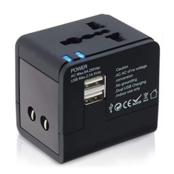 Picture of Plug Adapter, Universal US/EU/UK/AU Plug Power Connection Adaptor with 2 USB Charger Socket (Black)