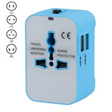 Picture of Portable Dual USB Global Travel Wall Charger for iPad, iPhone, Galaxy, Huawei - Rechargeable Devices (Blue)