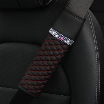 Picture of Car Leather Seat Belt Cover Shoulder Pads with Bling Diamonds 6.5x23cm (Black and Red)