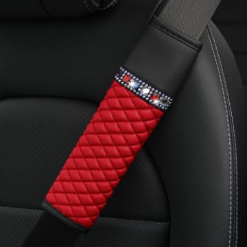 Picture of Car Leather Seat Belt Cover Shoulder Pads with Bling Diamonds 6.5x23cm (Red)