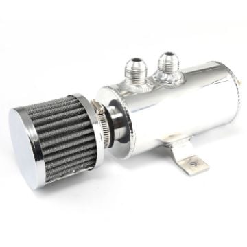 Picture of Aluminum Baffled Oil Catch Can Breather Can with Drain Valve and Filter 2 Ports AN10 Oil Coolant Fuel Overflow Tank, Capacity: 750ML (Silver)