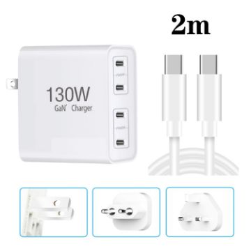130W USB-C Four Port GaN Charger with 2m Cable - EU/UK/AU/US Plug - 1