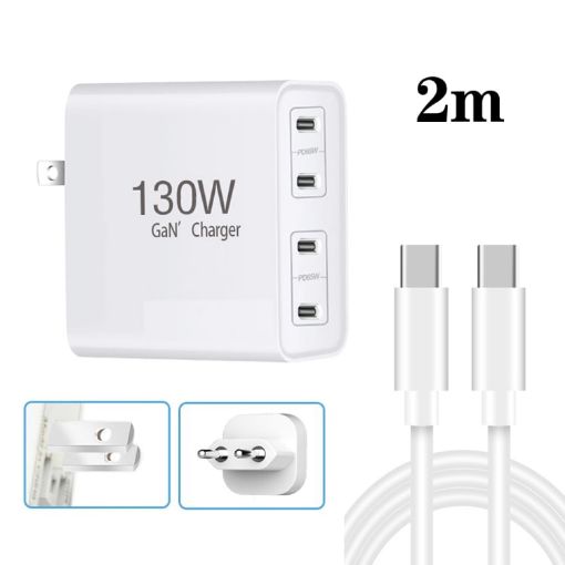 130W USB-C Four Port GaN Charger with 2m Cable - EU/UK/AU/US Plug - 1