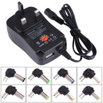 Picture of UK Plug Universal 30W Power Wall Plug-in Adapter with 5V 2.1A USB Port, Tips: 8 PCS, Cable Length: About 1.2m