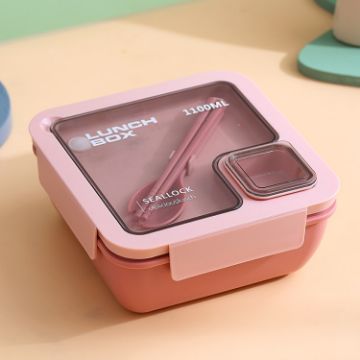 Picture of Square Microwaveable Lunch Box Hermetic Bento Box with Spoon Chopsticks (Pink)