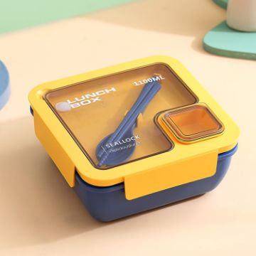 Picture of Square Microwaveable Lunch Box Hermetic Bento Box with Spoon Chopsticks (Blue)