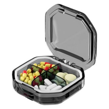 Picture of Portable Mini Compartmentalized Sealed Pill Box Weekly Morning And Evening Pill Capsule Dispensing Box, Style: 4 Grids Gray