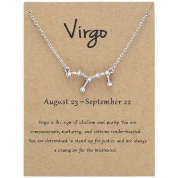 Picture of 12 Zodiac Signs With Diamonds Necklace Card Rhinestones Collarbone Chain Pendant, Style: Virgo Silver