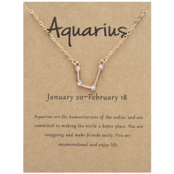 Picture of 12 Zodiac Signs With Diamonds Necklace Card Rhinestones Collarbone Chain Pendant, Style: Aquarius Golden