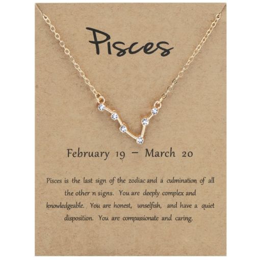 Picture of 12 Zodiac Signs With Diamonds Necklace Card Rhinestones Collarbone Chain Pendant, Style: Pisces Golden