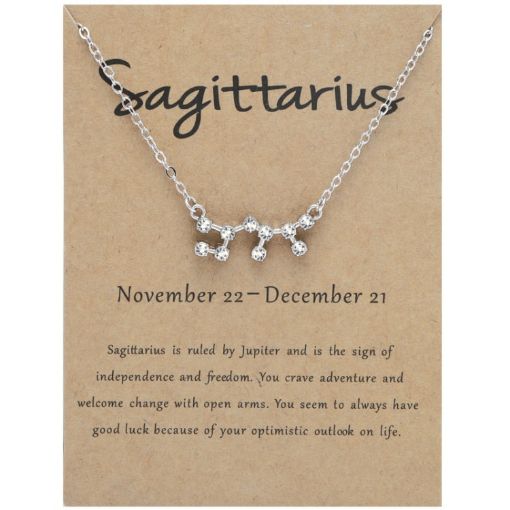 Picture of 12 Zodiac Signs With Diamonds Necklace Card Rhinestones Collarbone Chain Pendant, Style: Sagittarius Silver