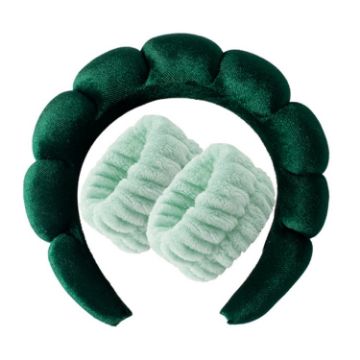Picture of Skincare Headband Wrist Towels Set Women Puffy Headwear, Spec: Golden Velvet Green