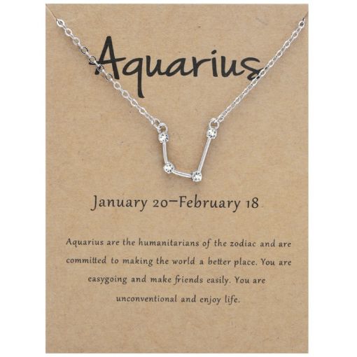 Zodiac Signs Diamonds Necklace Aquarius Silver Pendant - 1