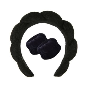 Picture of Skincare Headband Wrist Towels Set Women Puffy Headwear, Spec: Towel Cloth Black
