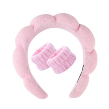 Picture of Skincare Headband Wrist Towels Set Women Puffy Headwear, Spec: Towel Cloth Pink