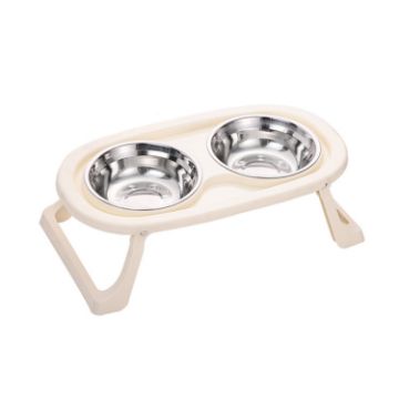 Picture of Collapsible Pet Bowl Eating Drinking Bowl Neck Guard Tall Double Bowl, Style: Stainless Steel White