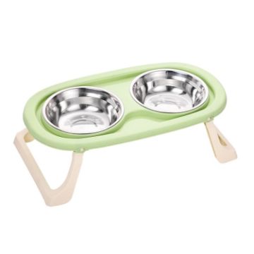 Picture of Collapsible Pet Bowl Eating Drinking Bowl Neck Guard Tall Double Bowl, Style: Stainless Steel Green